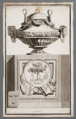 Ornamentprent. Nouvelle Iconologie Historique. Vases en hauteur, la Suede.